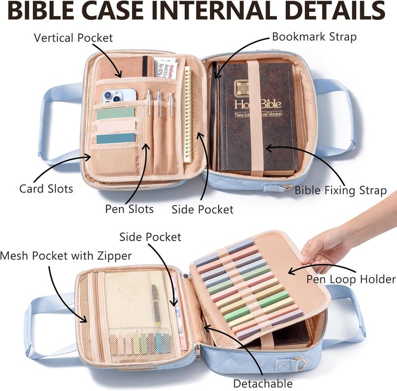 FLOE Bible Cover Case for Women, Large Bible Bag Bible Study Supplies Accessories Journaling Kit with Highlighters Tabs, Quilted Book Carrying Cases with Shoulder Strap, Valentines Christian Gift for Women - Image 4